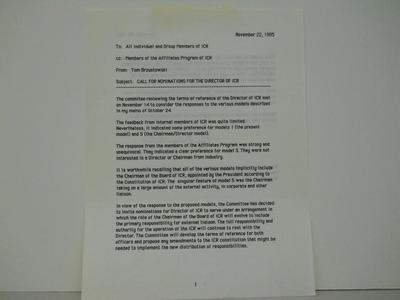 Memo: "CALL FOR NOMINATIONS FOR THE DIRECTOR OF ICR"