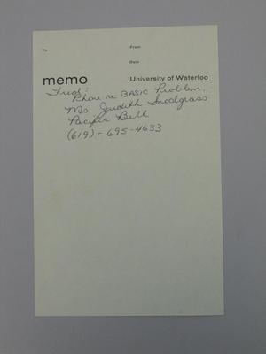 Memo sheet with phone numbers for Pacific Bell and for BASIC problems