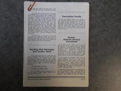Arts Computing office Newsletter Fall 1988 Pages 5-9