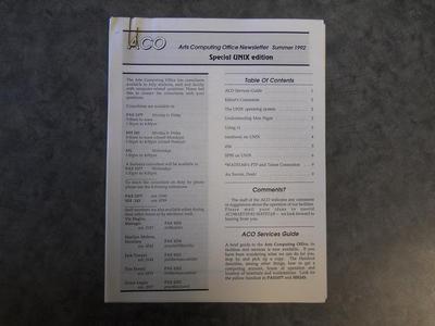 Arts Computing Office Newsletter Summer 1992 Special Unix edition
