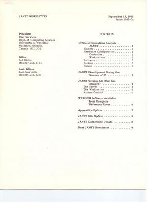 Waterloo JANET Newsletter Issue 1985-04
