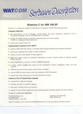 WATCOM Software Description of Waterloo C for IBM VM/SP